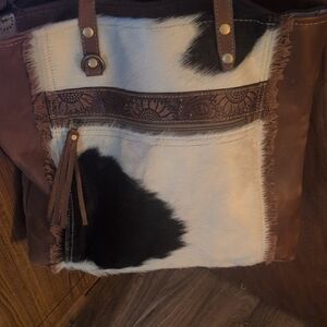 Brown and Black Cowhide Tote Bag